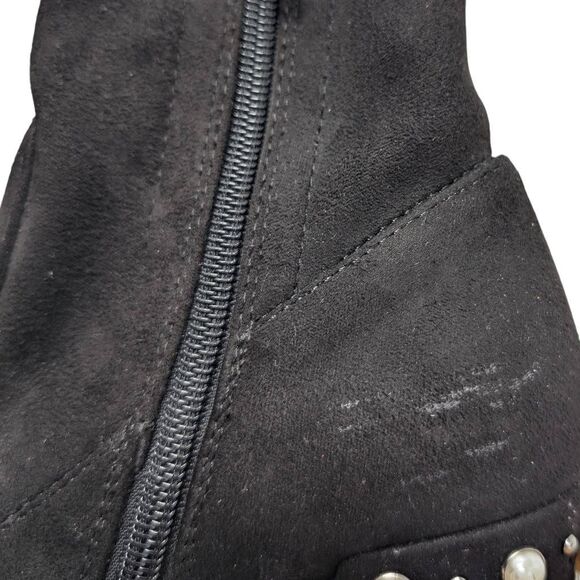 Steve Madden Yvette 7.5M Pearl Stud Block Heel Booties Sock Boots Black Suede - Picture 12 of 12